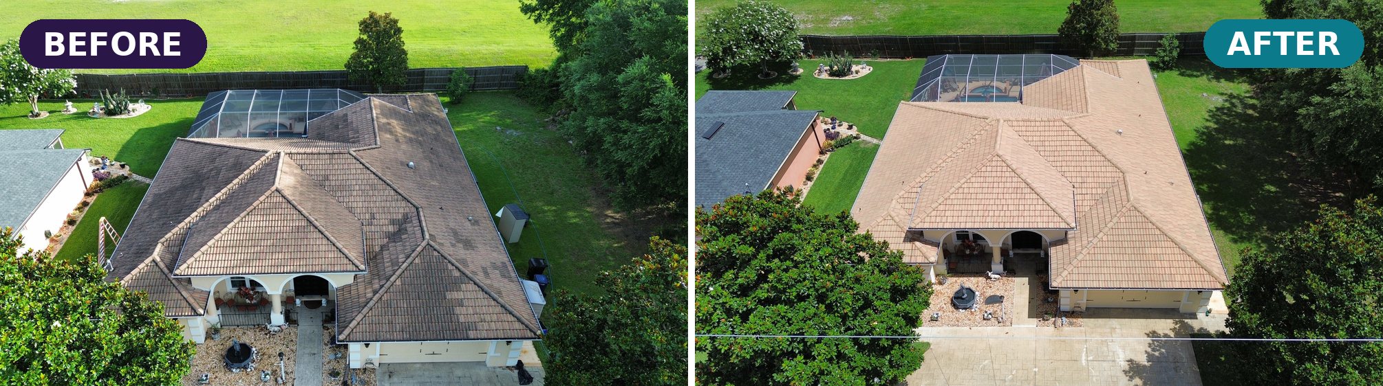 Residential tile roof before and after an Exo-Pro soft wash